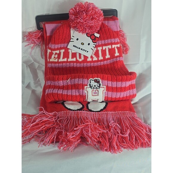Hello Kitty Knit Hat & Scarf Set Collegiate Stripes One Size age 10 to Adult - Picture 1 of 5